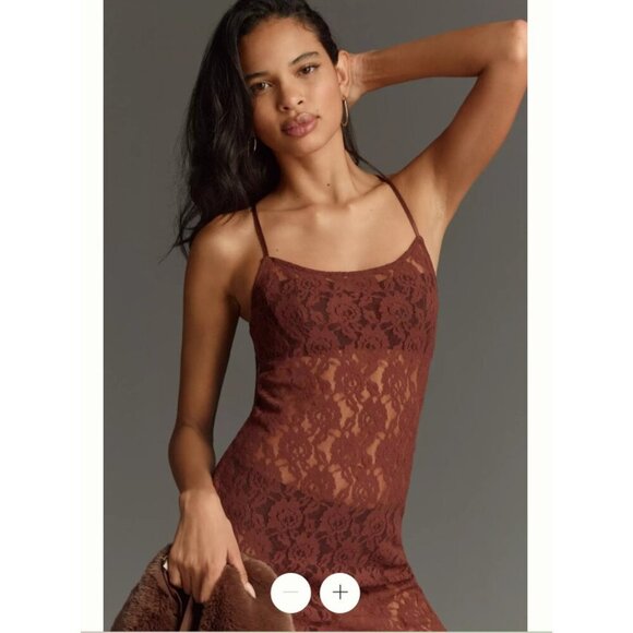 Anthropologie Brown Lace Slip Maxi Dress M NWT Boho Fall Romantic Unlined - Picture 4 of 9